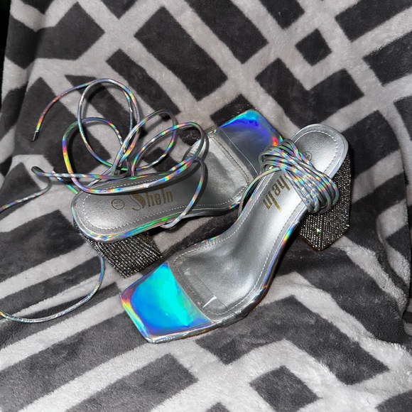 Jeweled Detail PVC Strap Tie Up Chunky Heels - Picture 2 of 2